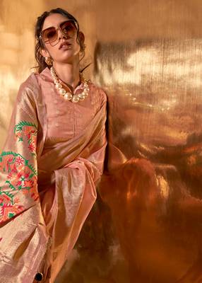 Peach Handwoven Tissue Fabric Festive & Party Style Saree With Blouse For Women 2