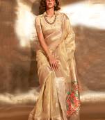 Beige Handwoven Tissue Fabric Festive & Party Style Saree With Blouse For Women
