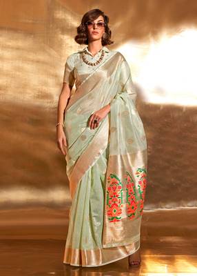 Green Handwoven Tissue Fabric Festive & Party Style Saree With Blouse For Women 1