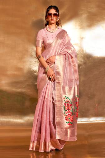 Pink Handwoven Tissue Fabric Festive & Party Style Saree With Blouse For Women