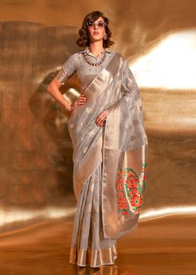 Grey Handwoven Tissue Fabric Festive & Party Style Saree With Blouse For Women 1