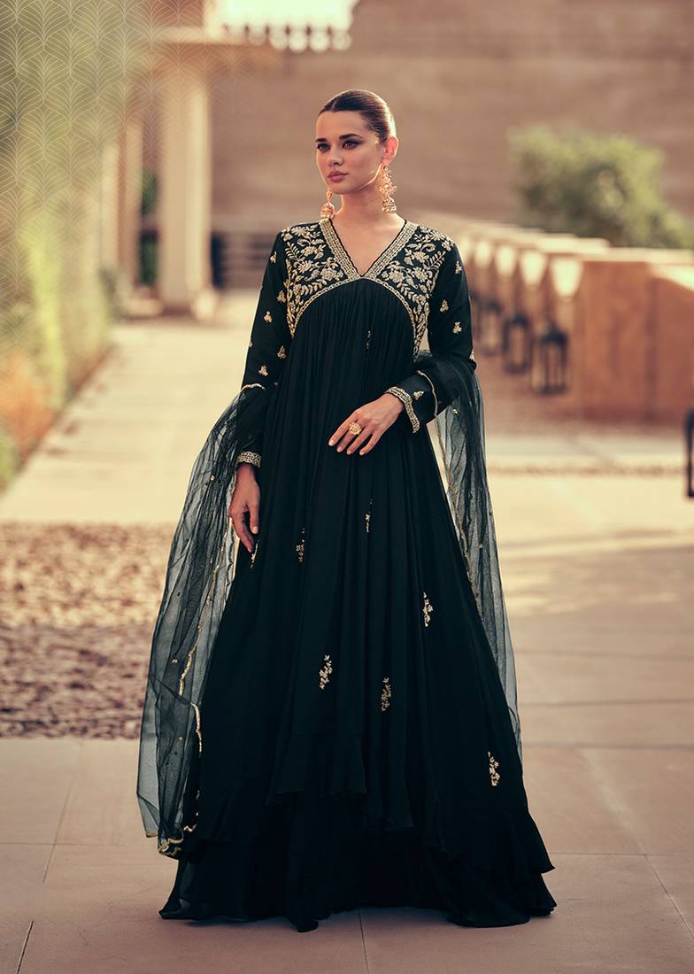 Black colour georgette embroidered designer dress Black colour georgette embroidered designer dress