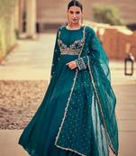 Dark teal colour premium silk embroidered designer dress