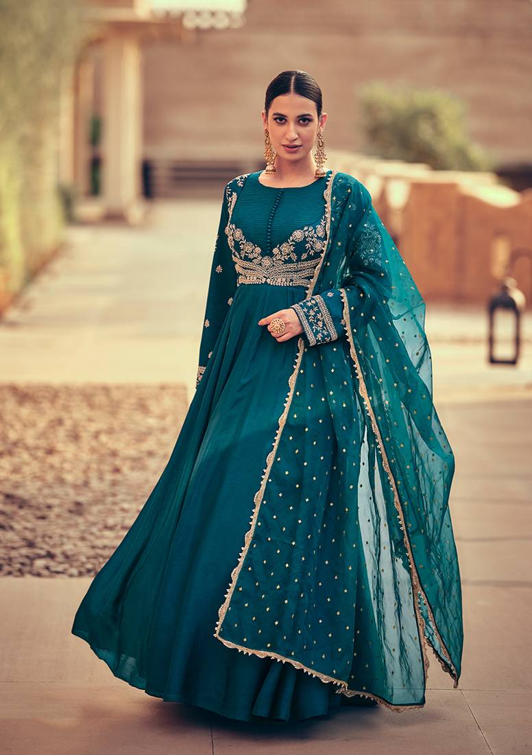 Dark teal colour premium silk embroidered designer dress