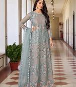 Grey colour net embroidered semi stitched anarkali suit