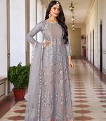 Light grey colour net embroidered semi stitched anarkali suit