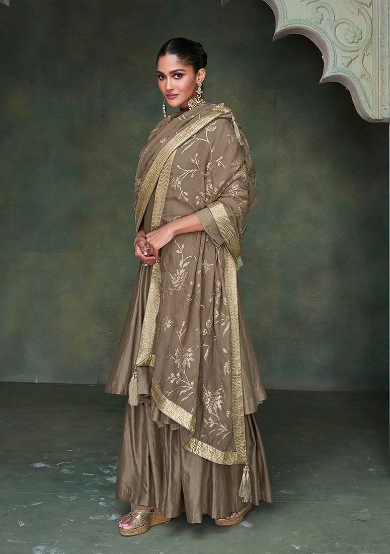 Dark chikoo colour pure silk embroidered designer suit