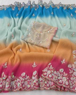 Beautiful Crush Padding Sequence Work Georgette Fabric Saree With Un-Stitched Blouse 4