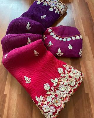 Beautiful Crush Padding Sequence Work Georgette Fabric Saree With Un-Stitched Blouse 3