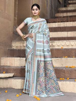 Elora pure tussar silk kantha pattern saree for women (aqua blue) 1