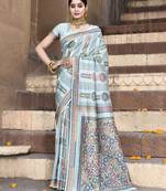 Elora pure tussar silk kantha pattern saree for women (aqua blue)