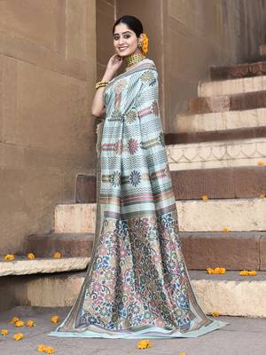 Elora pure tussar silk kantha pattern saree for women (aqua blue) 2