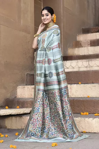 Elora pure tussar silk kantha pattern saree for women (aqua blue)