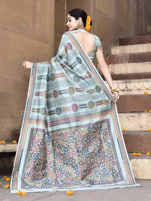 Elora pure tussar silk kantha pattern saree for women (aqua blue) 3