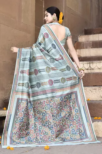 Elora pure tussar silk kantha pattern saree for women (aqua blue)