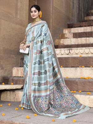 Elora pure tussar silk kantha pattern saree for women (aqua blue) 4