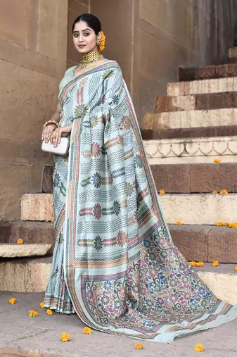 Elora pure tussar silk kantha pattern saree for women (aqua blue)