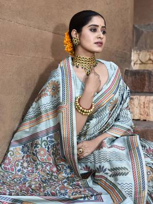 Elora pure tussar silk kantha pattern saree for women (aqua blue) 5