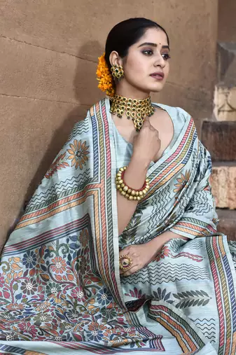 Elora pure tussar silk kantha pattern saree for women (aqua blue)
