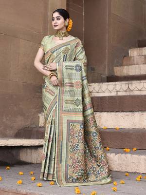 Elora pure tussar silk kantha pattern saree for women (olive) 1
