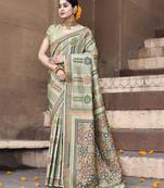 Elora pure tussar silk kantha pattern saree for women (olive)