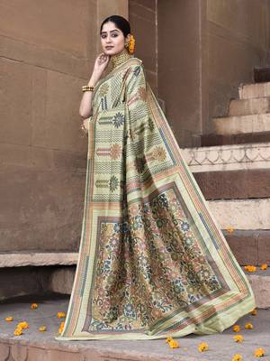 Elora pure tussar silk kantha pattern saree for women (olive) 2