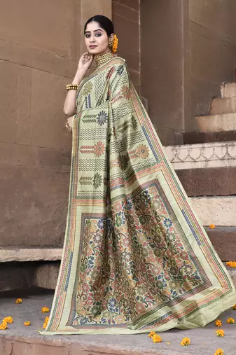 Elora pure tussar silk kantha pattern saree for women (olive)