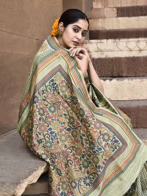 Elora pure tussar silk kantha pattern saree for women (olive) 3