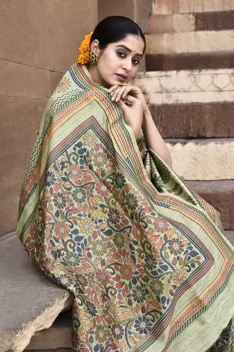 Elora pure tussar silk kantha pattern saree for women (olive)