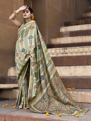 Elora pure tussar silk kantha pattern saree for women (olive) 4