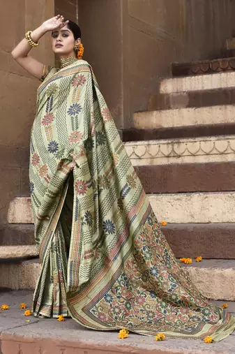 Elora pure tussar silk kantha pattern saree for women (olive)