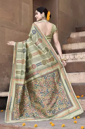 Elora pure tussar silk kantha pattern saree for women (olive)