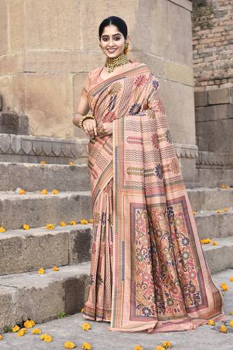 Elora pure tussar silk kantha pattern saree for women (peach)