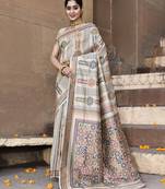 Elora pure tussar silk kantha pattern saree for women (beige)