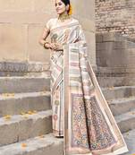 Elora pure tussar silk kantha pattern saree for women (cream)