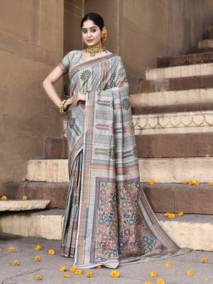 Elora pure tussar silk kantha pattern saree for women (light grey) 1