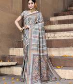 Elora pure tussar silk kantha pattern saree for women (light grey)