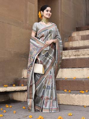 Elora pure tussar silk kantha pattern saree for women (light grey) 2