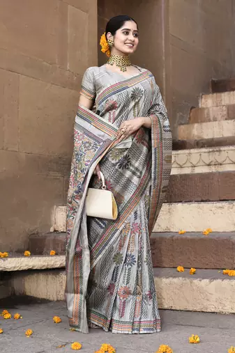 Elora pure tussar silk kantha pattern saree for women (light grey)