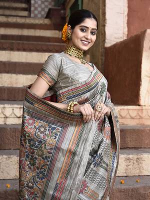 Elora pure tussar silk kantha pattern saree for women (light grey) 3