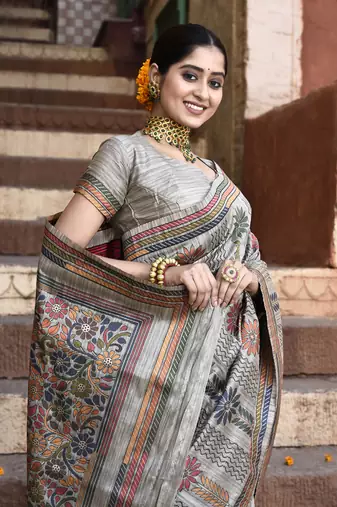 Elora pure tussar silk kantha pattern saree for women (light grey)