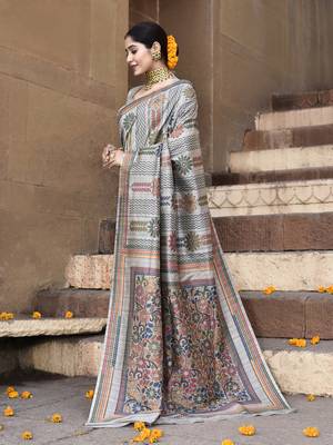 Elora pure tussar silk kantha pattern saree for women (light grey) 4