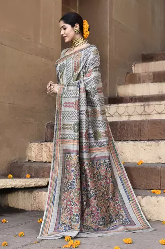 Elora pure tussar silk kantha pattern saree for women (light grey)