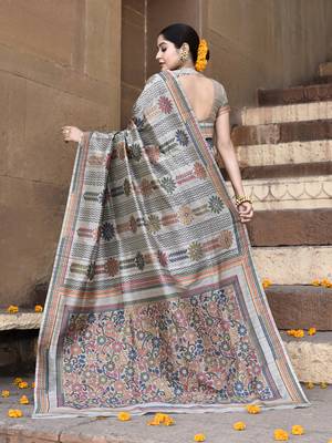 Elora pure tussar silk kantha pattern saree for women (light grey) 5