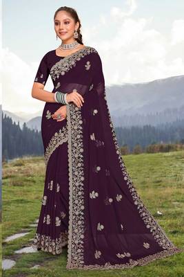 Women'S Purple Glitter Coding embroidered Georgette Saree With Blouse Piece By Manu Fashion Era 1