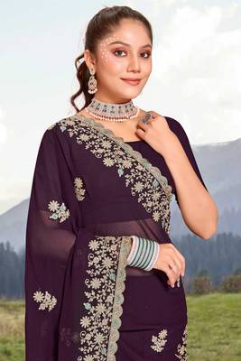 Women'S Purple Glitter Coding embroidered Georgette Saree With Blouse Piece By Manu Fashion Era 2