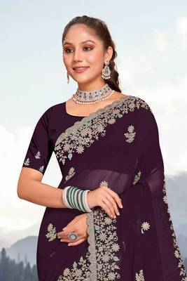 Women'S Purple Glitter Coding embroidered Georgette Saree With Blouse Piece By Manu Fashion Era 3