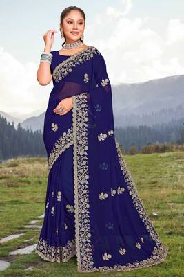 Women'S Navy Blue Glitter Coding embroidered Georgette Saree With Blouse Piece By Manu Fashion Era 1