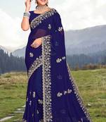 Women'S Navy Blue Glitter Coding embroidered Georgette Saree With Blouse Piece By Manu Fashion Era