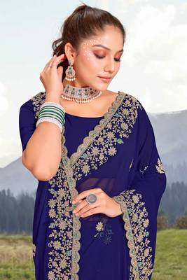 Women'S Navy Blue Glitter Coding embroidered Georgette Saree With Blouse Piece By Manu Fashion Era 2